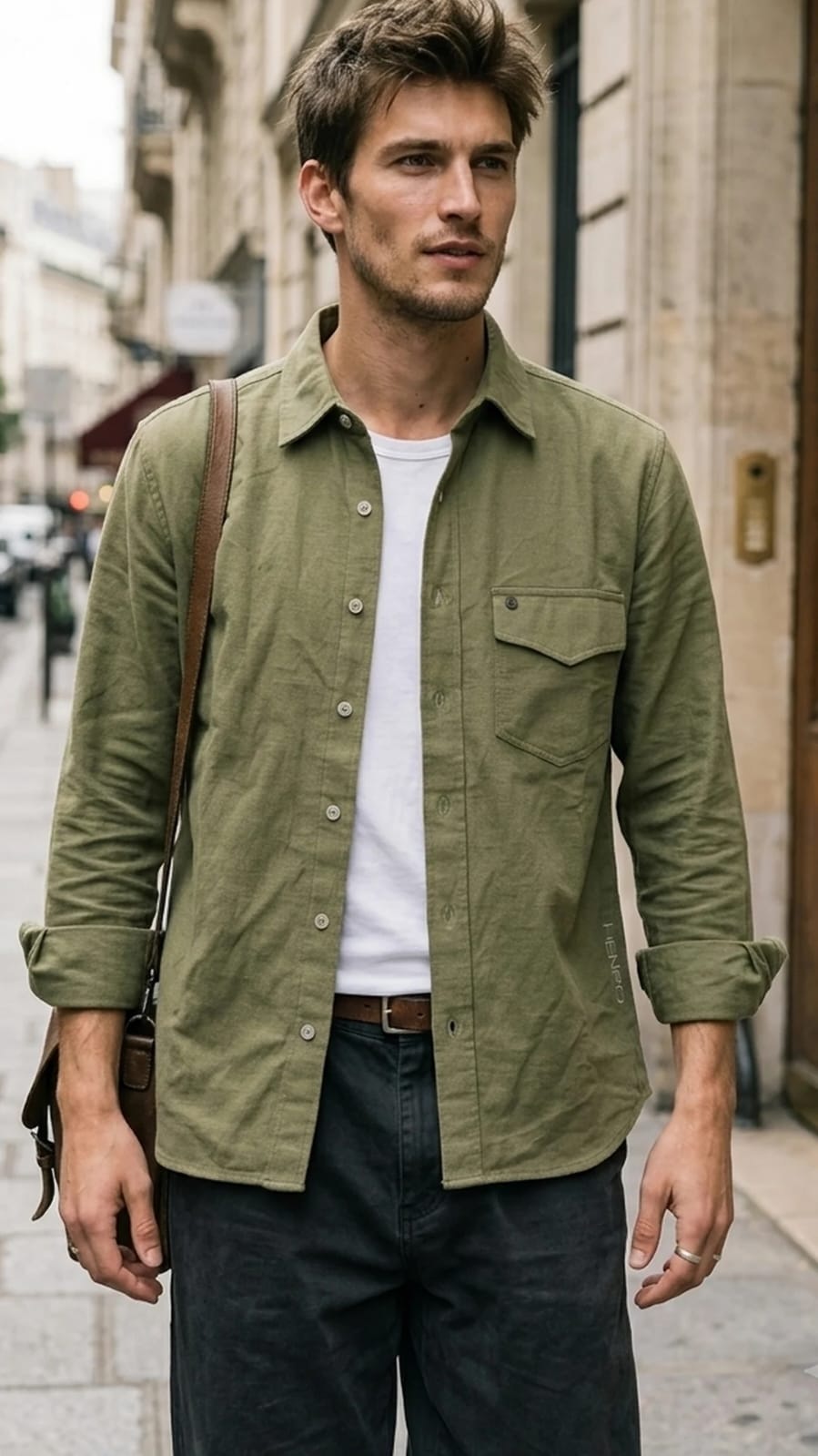 Olive HENRO shirt fabric and pocket detailing
