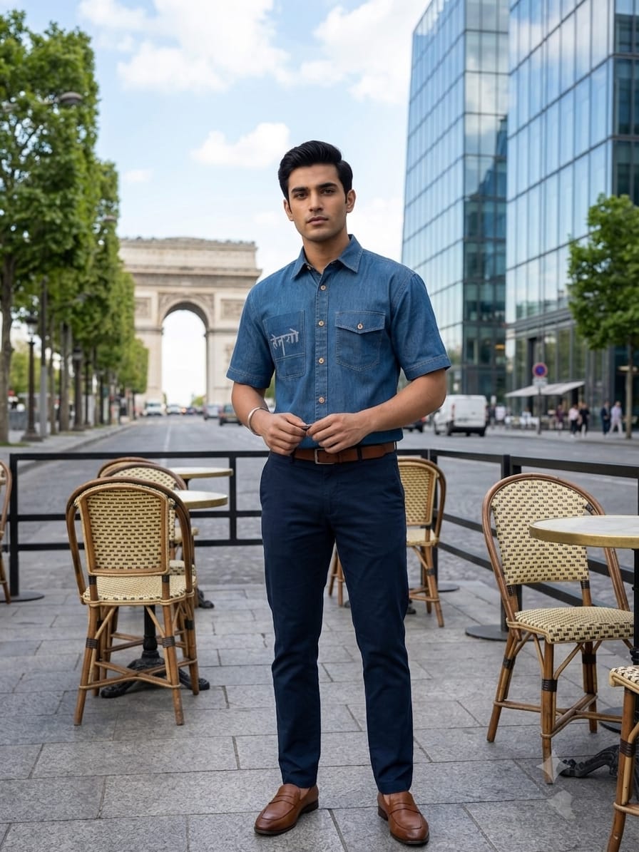 HENRO Short-Sleeve Graphic Denim Shirt