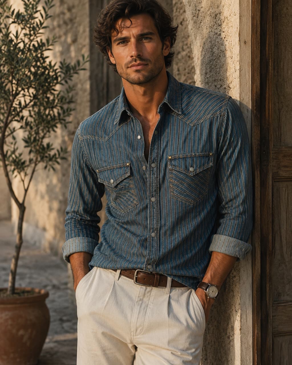 HENRO Striped Denim Shirt